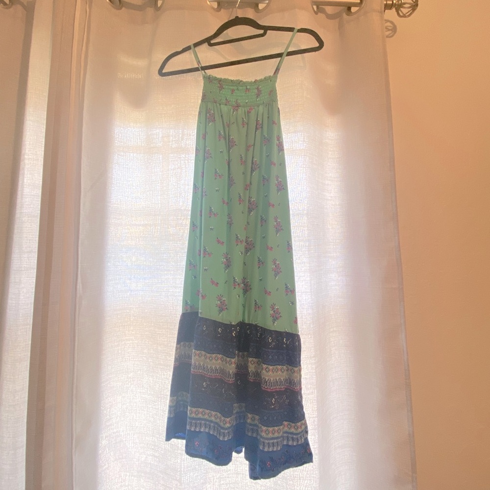 Green and Blue Thin Spring Midi Dress